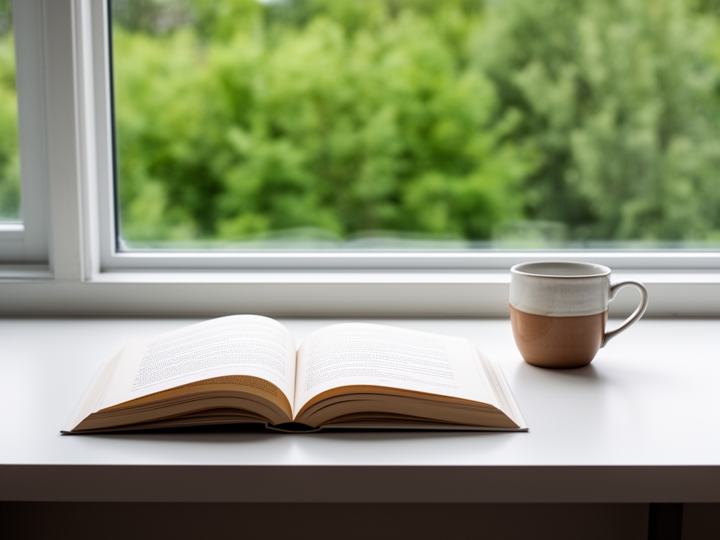 Klidné minimalistické pracoviště s otevřenou knihou, keramickým hrnkem a oknem s výhledem na zelenou přírodu, symbolizující soustředěnou vzdělávací práci a reflexi
