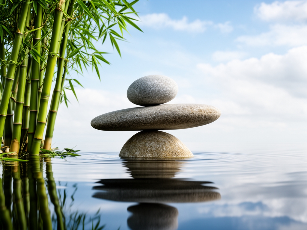 Klidné zátiší s vodní hladinou zrcadlící oblohu, bambusem a kamenem v rovnováze, symbolizující klid a adaptaci jako vědecké koncepty pohody